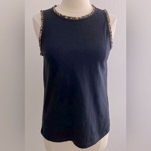 J. Crew Ruffle Trim Animal Print Black Cotton Tank Top Size Large